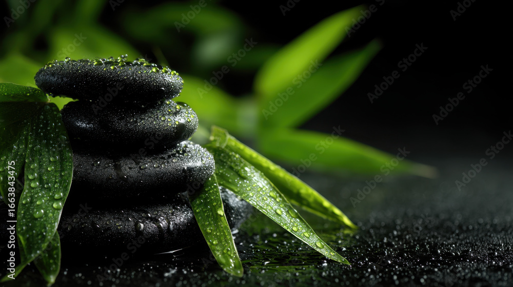 Poster smooth black stones stacked on wet surface, surrounded by green bamboo leaves, create serene and cal