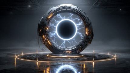 White round light effect on gray background. Vector realistic illustration of abstract glowing frame with neon rings, magic energy portal with hole at bottom, sun eclipse, futuristic backdrop design