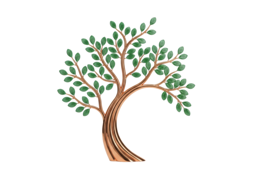 Meticulously crafted copper tree sculpture with elegant, fanning branches and jewel-like emerald green leaves, highly polished, against a seamless bright white background, concept of artistic