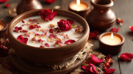Serene bowl of milk adorned with rose petals, surrounded by flickering candles, creates tranquil atmosphere perfect for relaxation and self care. warm lighting enhances soothing ambiance