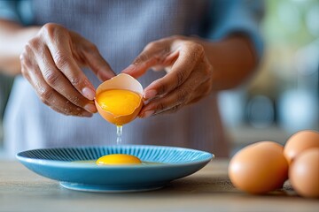 Woman cracking egg in kitchen, preparing recipe, home cooking