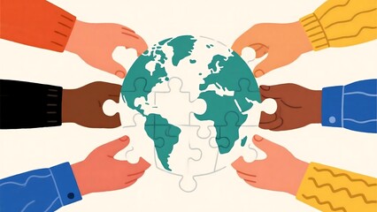 Diverse hands connect a puzzle piece, completing a globe. Symbolizes unity in diversity, teamwork, global collaboration, and inclusive community