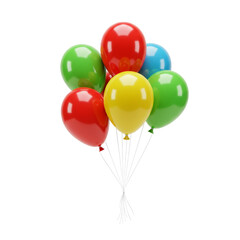 A cluster of vibrant, multicolored balloons, including red, green, and yellow, tied together with white strings on a white background