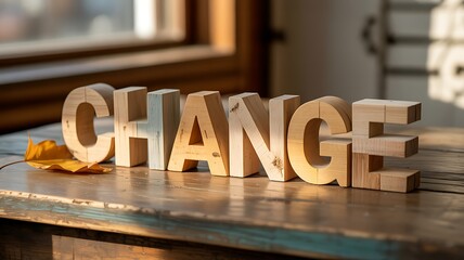 Wooden CHANGE Letters on Table with Autumn Leaf