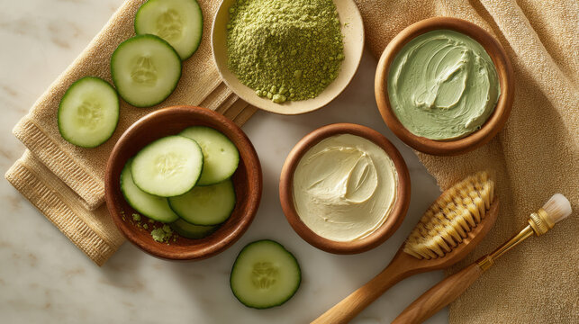 Fresh cucumber slices are arranged alongside bowls of green and white creams, with bowl of green powder, all set on soft towel. This serene composition evokes sense of relaxation and self care