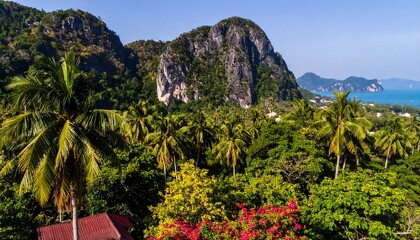 Lush tropical island landscape with dramatic limestone cliffs and turquoise ocean views.