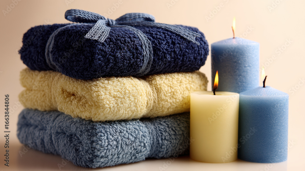 Poster soft towels stacked neatly with decorative candles, creating serene and calming atmosphere perfect f