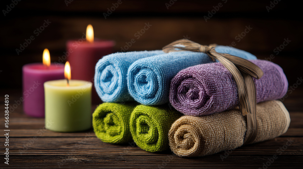 Poster soft towels arranged neatly with decorative ribbon, surrounded by lit candles in various colors, cre