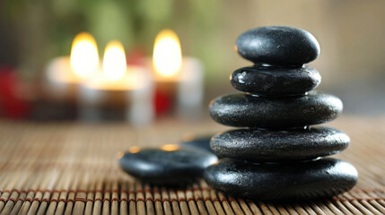 Smooth black stones stacked harmoniously on bamboo mat, with soft candlelight glowing in background, creating serene and calming atmosphere perfect for relaxation and meditation