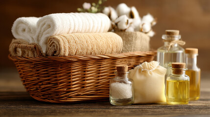 Soft towels and natural oils arranged in wicker basket create serene spa atmosphere, perfect for relaxation and self care. warm colors and textures enhance calming experience