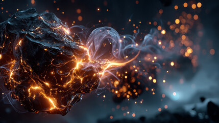 Naklejka premium Fire sparks floating upward on dark background. Glowing orange embers with bright red streaks. Hot backdrop with burning particles and smoke elements with light effect. Realistic vector flame bg.