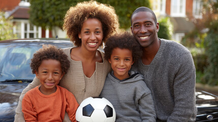 Happy family portrait with two children and parents, smiling together outdoors. family is gathered around car, with one child holding soccer ball, showcasing joyful moment