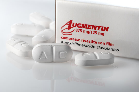 Turin , Italy &ndash; August 23, 2025: Augmentin antibiotic with amoxicillin and clavulanic acid. Medication used to treat infections caused by bacteria. Augmentin is a trademark of GSK GlaxoSmithKline