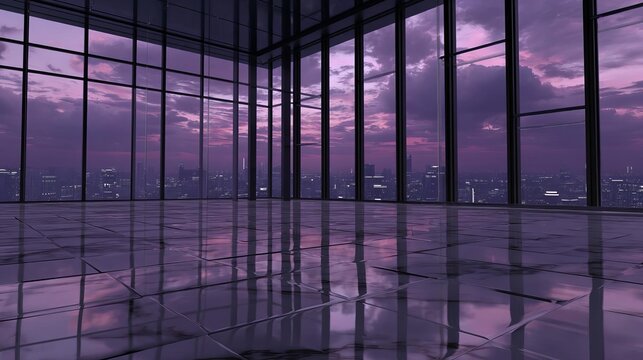 A serene view of a spacious room with large windows showing a beautiful sunset reflection on the glossy floor
