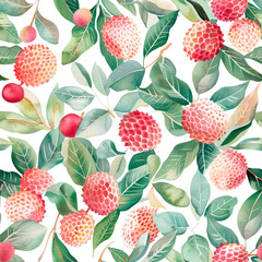 Lychee Fruit Seamless Pattern with Green Leaves &ndash; Watercolor Design
