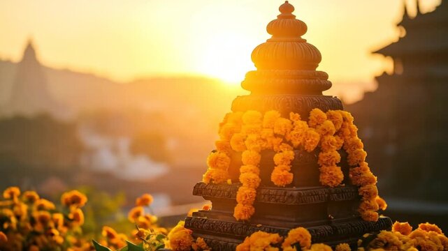 Religious structure with marigold garlands at dawn