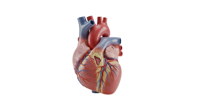 Detailed anatomical model of the human heart, showcasing veins, arteries, and chambers for medical and educational use