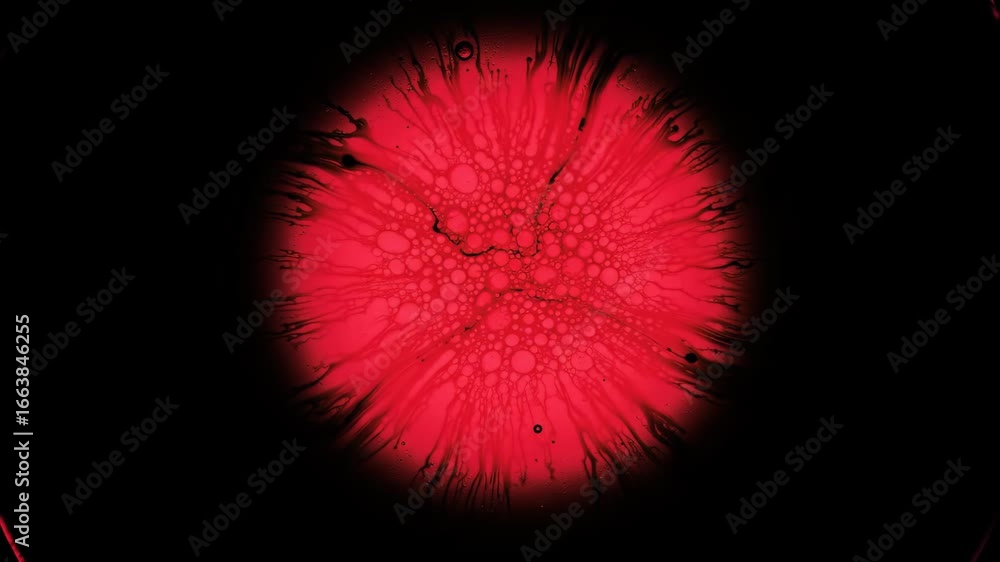 Poster abstract red ink explosion on black backdrop, colorful blood burst with dark flowing liquid in a dyn