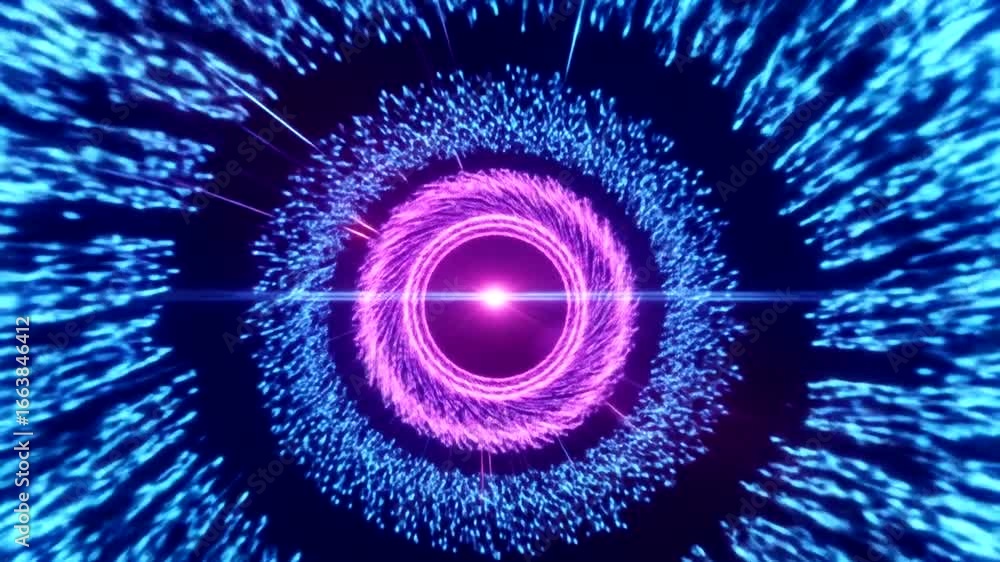 Poster a vibrant, glowing tunnel of light and particles with swirling patterns.