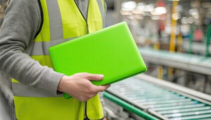 Factory worker holding tablet, conveyor belt background