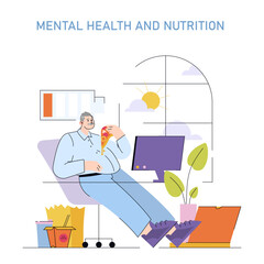 Man Eating Pizza at Desk in Office Vector Illustration