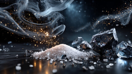 Scatters of sugar or salt crystals with white dust. Vector realistic set of stains of crushed pieces of chalk or sand, coarse culinary ground sea salt or sugar granules isolated on black background