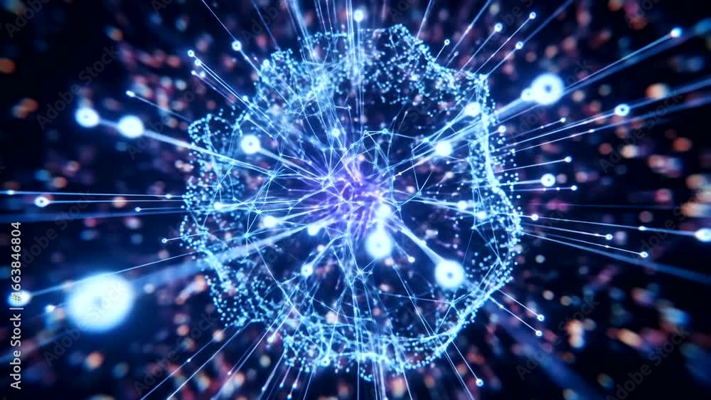 Poster a sphere of interconnected points, lines, and light, illustrating a complex network.