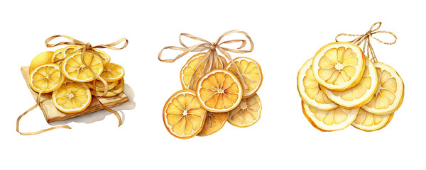 Watercolor dried lemon slices with twine bows. Perfect for sublimation, kitchen decor, DIY crafts, and packaging design. Transparent PNG.