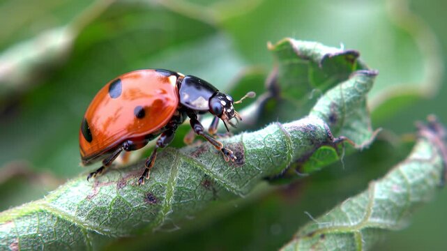 Close up of a ladybug crawling on a green leaf in nature, macro insect life.
