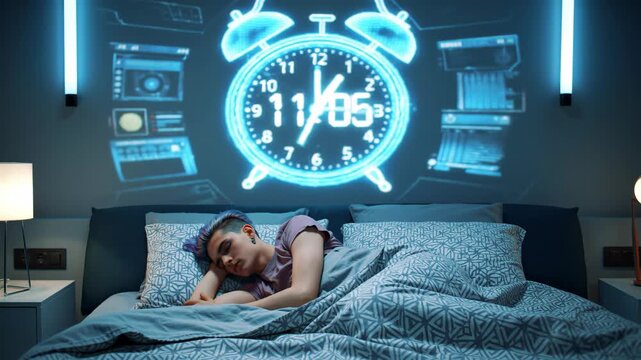 One person asleep in bed under a glowing clock at eleven, night time dream.