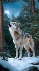 Naklejka premium A wolf stands on a snow-covered terrain, emitting a haunting howl that echoes through a tranquil forest. Pine trees surround the scene, enhancing the wild atmosphere
