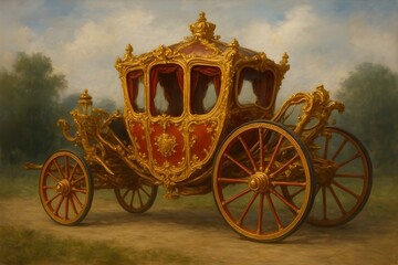 Fototapeta premium Elegant golden royal carriage with ornate details and red velvet interior, sitting on a dirt path in a scenic landscape.