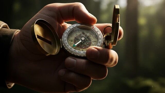 Hand holding a vintage compass in a sunlit forest, symbolizing adventure and exploration