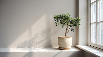 minimalist of cozy corner featuring potted plant against monochrome wall with ar blurred white text bars outlining