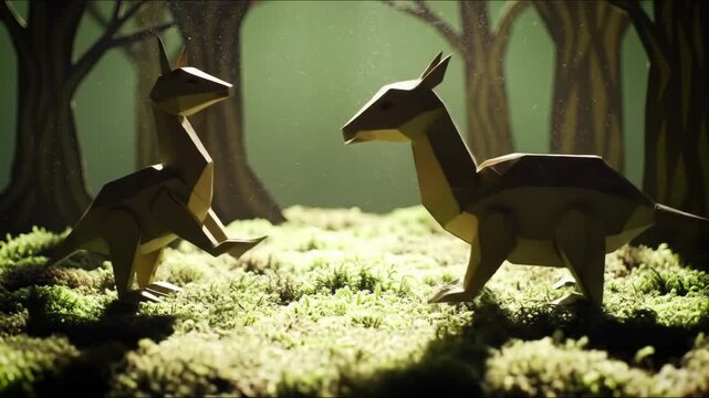 Two low poly paper animals standing in a forest made of moss and low poly trees.