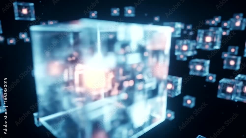 Poster a cluster of translucent cubes, glowing with inner digital circuits, floats against a dark backdrop.
