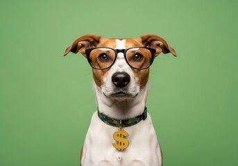 Smart dog wearing glasses and a dollar sign tag, looking directly at the camera