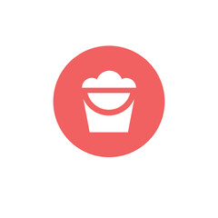 Bucket Icon: A minimalist icon of a bucket, filled with white foam, against a round red background, symbolizing cleanness and freshness.