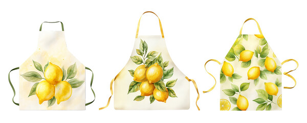 Watercolor Lemon Aprons Set – Summer Citrus Kitchen Decor with Yellow Lemons and Green Leaves on White Background