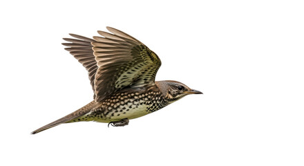 Isolated Song Thrush in Flight