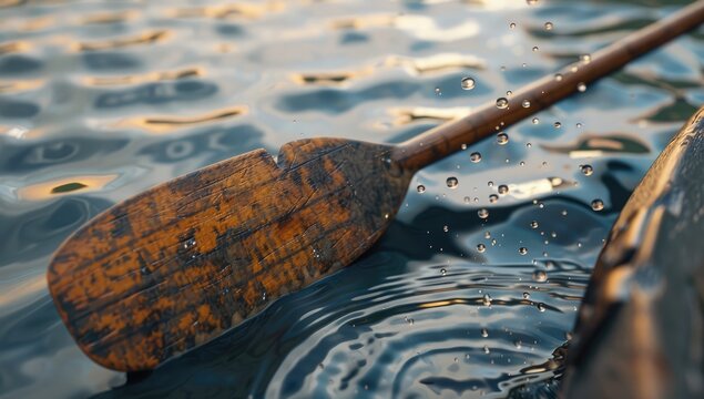 Wooden paddle dipping in calm lake water, sunset background; relaxing nature scene