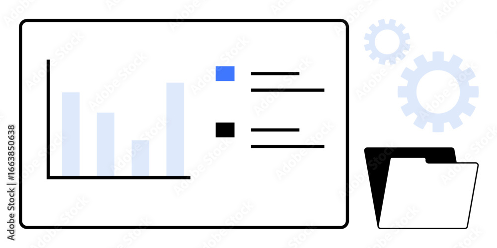 Poster bar chart and informational list on a dashboard with folder and gear icons representing data organiz