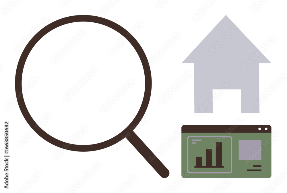 Poster magnifying glass, house silhouette, and analytics dashboard with bar graph and data visuals. ideal f