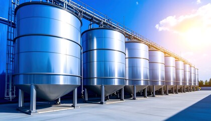 Obraz premium Industrial Silos in a Row Under Clear Blue Sky and Bright Sunlight
