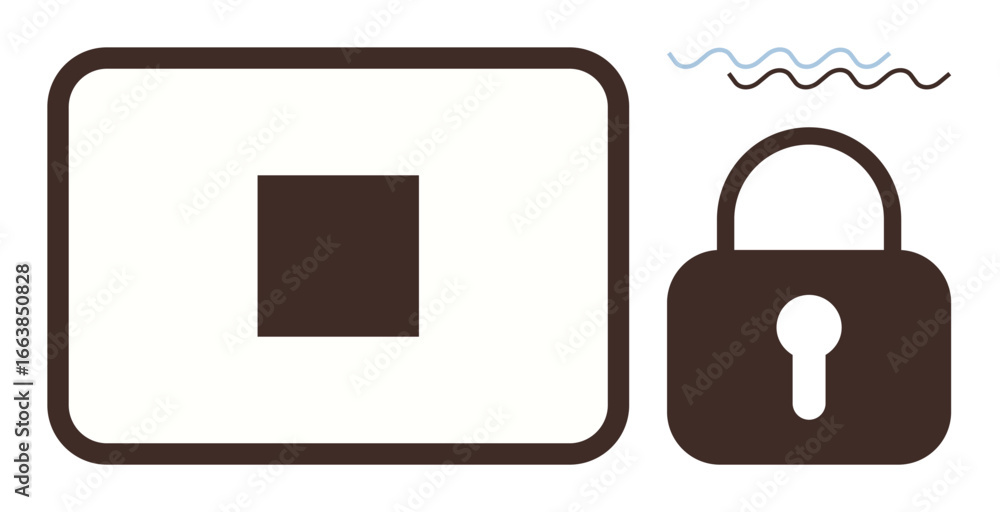 Poster square file icon with outlined border paired next to a padlock, representing data security, protecti