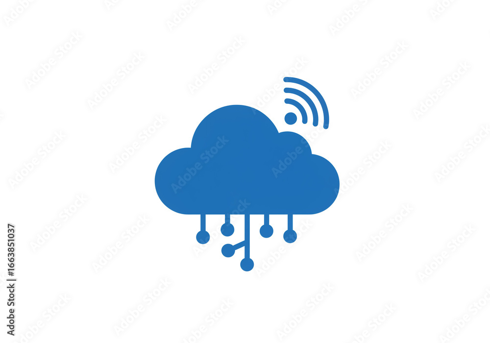 Poster a blue cloud with wifi symbol and network connections on a white background in a simple graphic desi