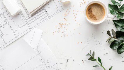Architect's desk blueprints, coffee, plants, workspace