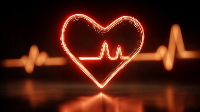 Glowing heart shape, connected to an electrocardiogram waveform on a dark surface