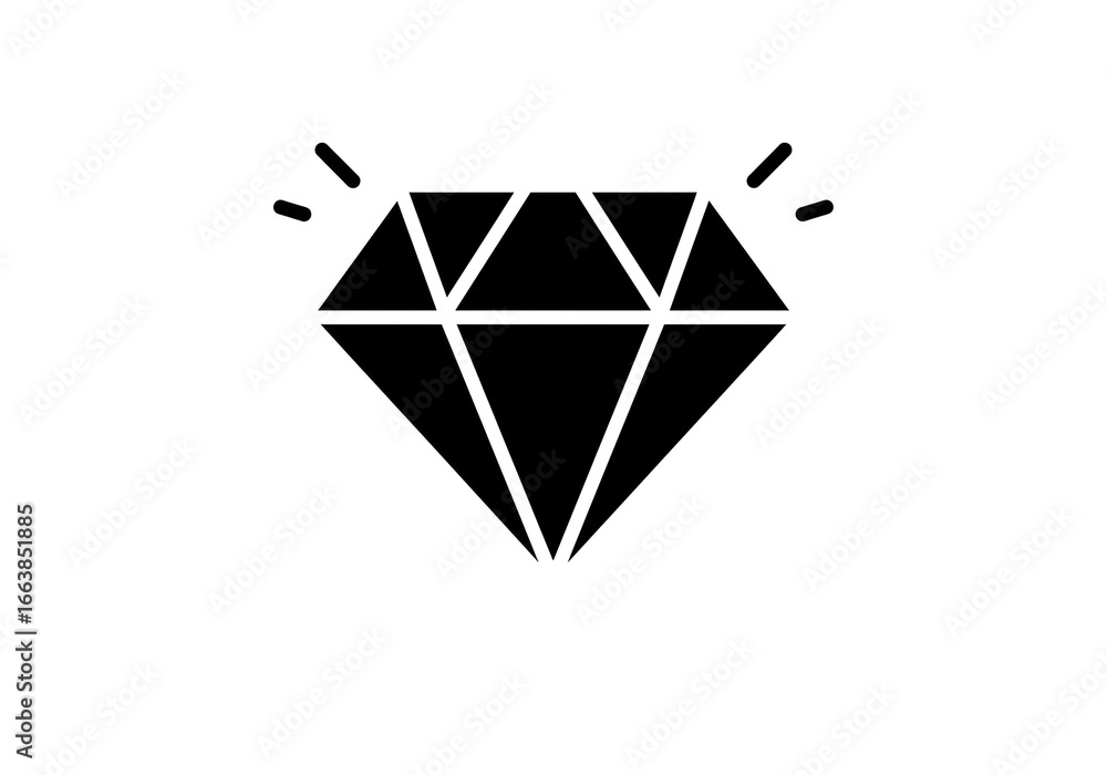 Poster a black diamond with facets and sparkle lines on a white background in a simple vector image style
