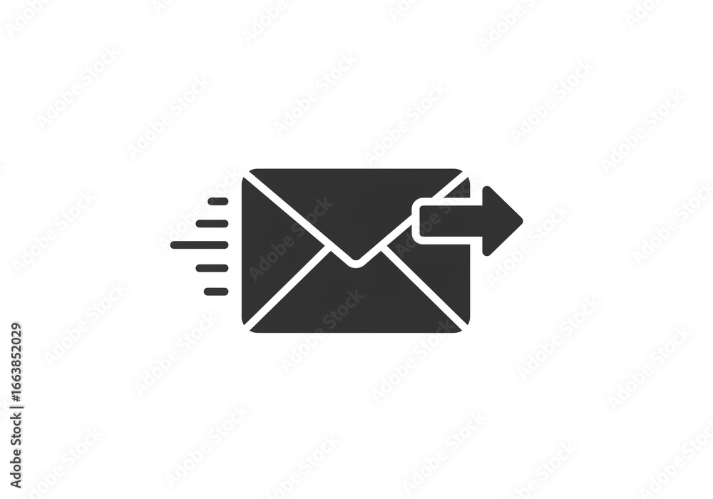 Poster a graphic illustration of a dark gray envelope with an arrow pointing to the right and speed lines